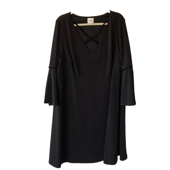 Size 14‎ BLACK CRISS-CROSS BELL SLEEVE SKATER DRESS Day/Evening All-Season Party - Picture 7 of 8